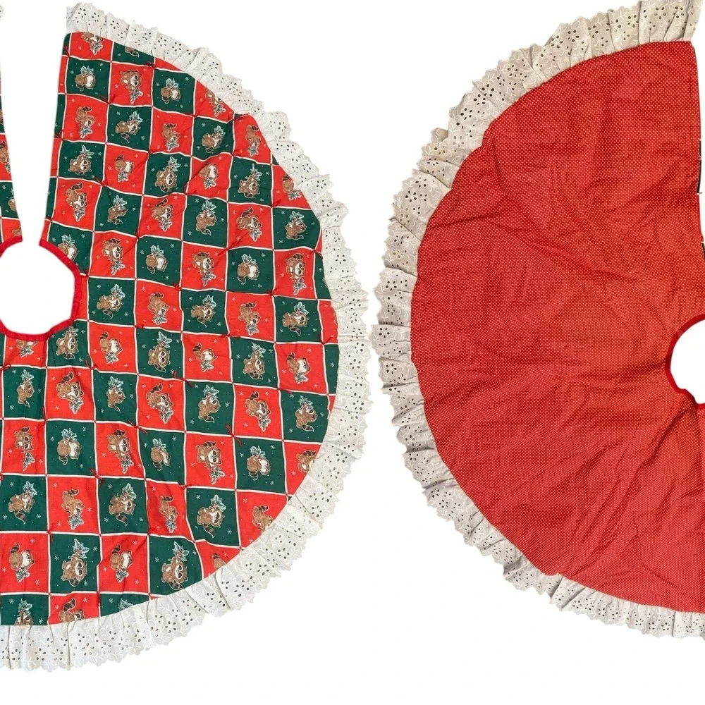 Vintage Christmas Tree Skirt Quilted Round Ruffle Reversible Country Patchwork